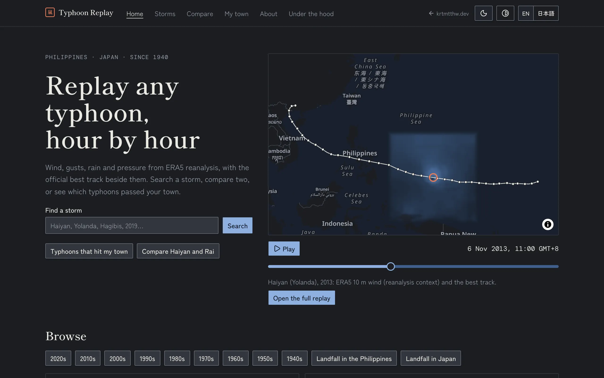 Typhoon Replay's home page: a map of the Philippines and the South China Sea with the 2013 track of Typhoon Haiyan (Yolanda) as a dotted line, a blue ERA5 wind field around the storm centre, and a play button and timeline below; beside it, the heading “Replay any typhoon, hour by hour” and a storm search box, in its dark theme.