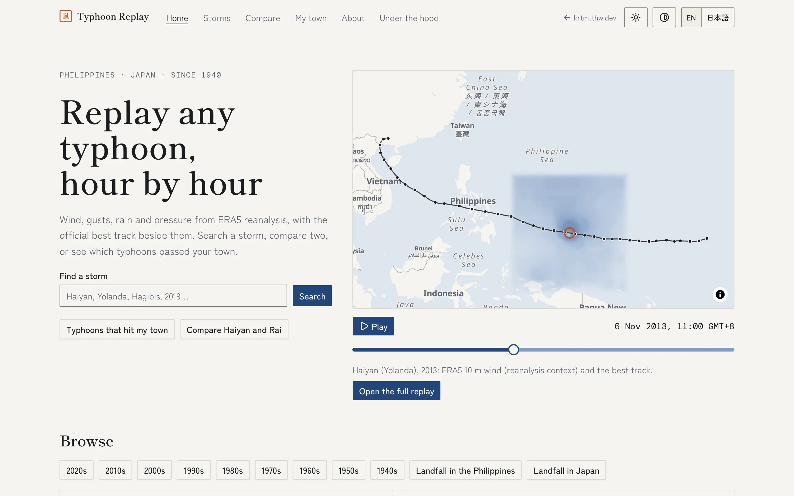 Typhoon Replay's home page: a map of the Philippines and the South China Sea with the 2013 track of Typhoon Haiyan (Yolanda) as a dotted line, a blue ERA5 wind field around the storm centre, and a play button and timeline below; beside it, the heading “Replay any typhoon, hour by hour” and a storm search box, in its light theme.
